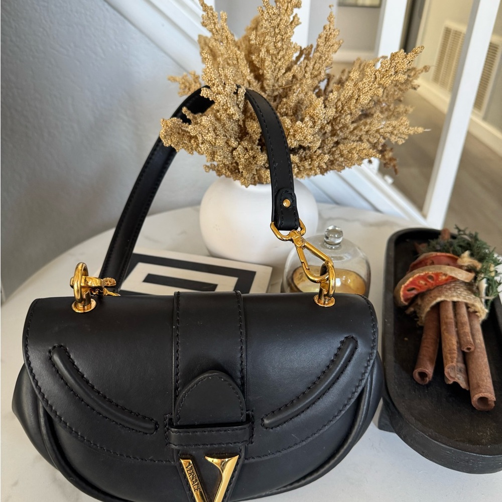 Authentic Versace Virtus Black Leather mini Shoulder Bag with Gold Accents
